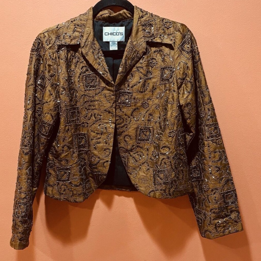 Chicos Vintage Brown Beaded Sequin Silk Blazer Jacket 1/M